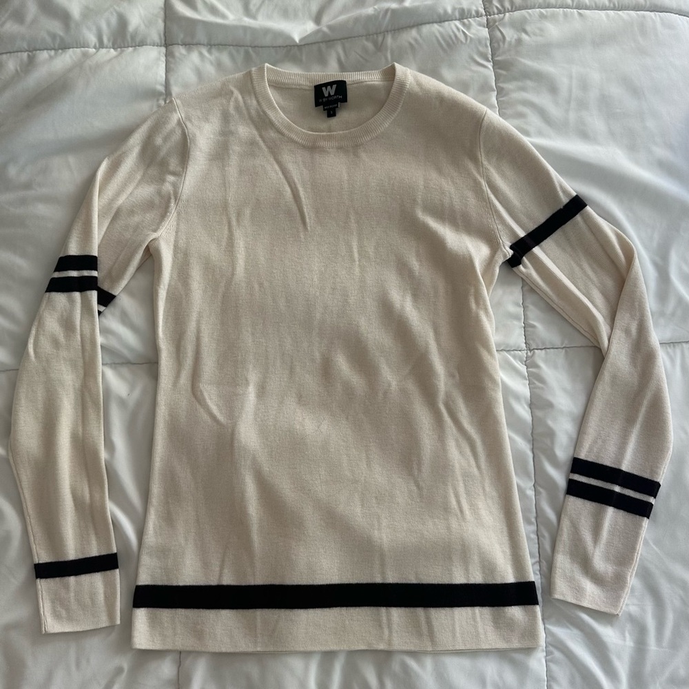 W by Worth Cream and Black Crewneck Sweater with Stripes